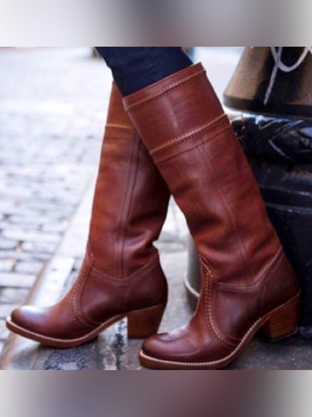 Frye Jane Stitch Leather Heeled Knee High Boots